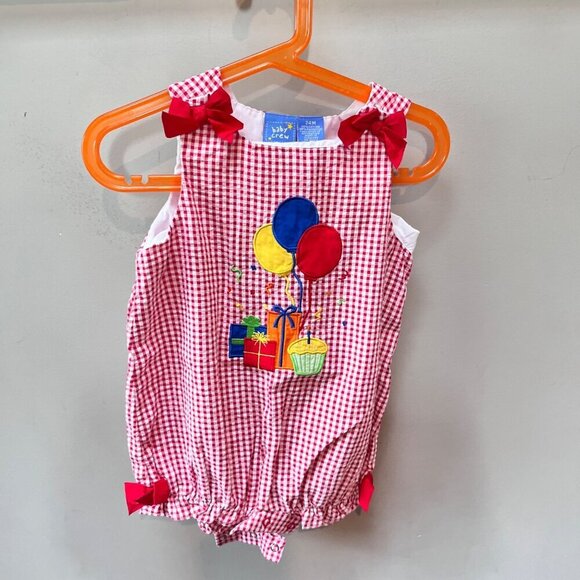 Baby Crew 24M Red & White Gingham Romper With Balloons & Gifts Embroidery Cotton - Picture 1 of 3